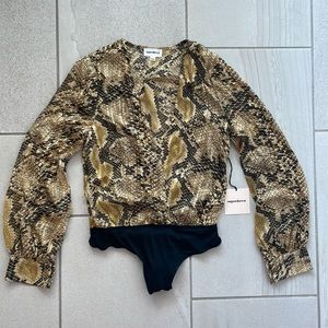 SuperDown Deep V-Neck Snakeskin Bodysuit Blouse